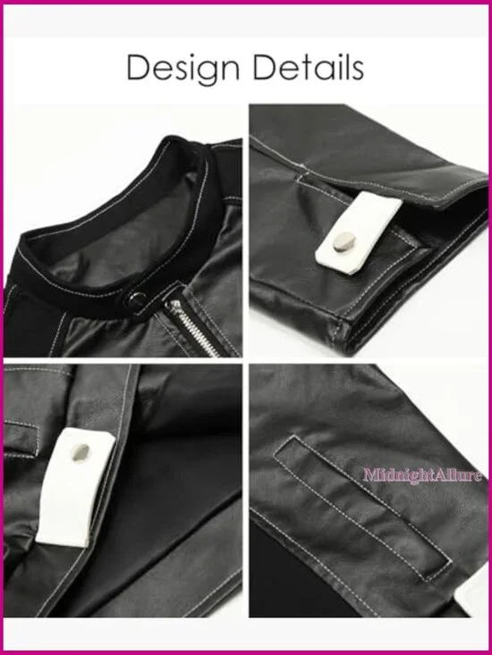 Faux Leather Moto Jacket Denim Patchwork Zip Up Streetwear Coat - Picture 4 of 4